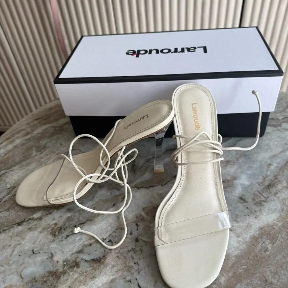 Larroude Gloria Clear Heels Ivory Lace Up Sandals Size 8 Ankle-Tie Sandal